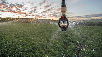 Senninger® i-Wob®2 Part-Circle sprinkler applying a gentle, uniform spray over a crop under a center pivot, demonstrating targeted coverage and reduced wheel track wetting.